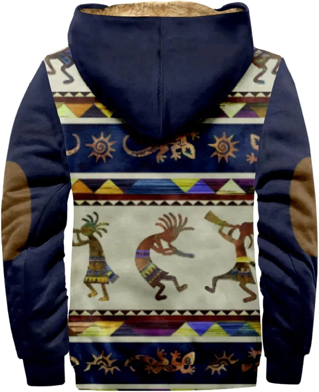 Fleece Jacket Men Vintage Aztec Ethnic Print Zipper Hoodie Plus Size Western Warm Heavyweight Sherpa Lined Coat