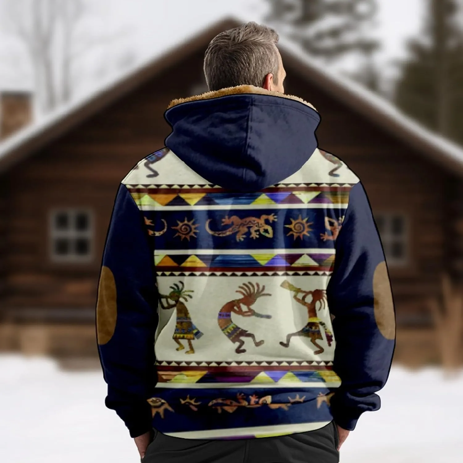 Fleece Jacket Men Vintage Aztec Ethnic Print Zipper Hoodie Plus Size Western Warm Heavyweight Sherpa Lined Coat
