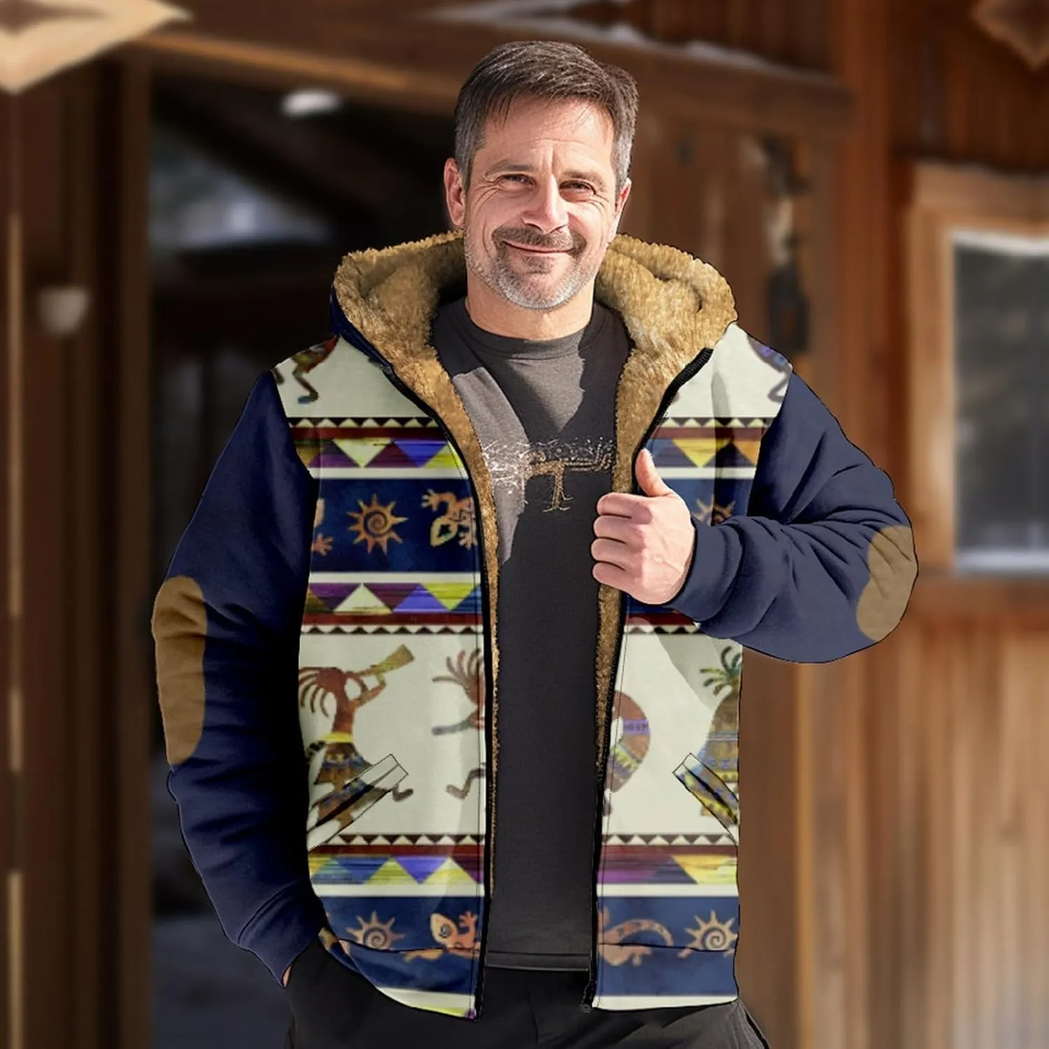 Fleece Jacket Men Vintage Aztec Ethnic Print Zipper Hoodie Plus Size Western Warm Heavyweight Sherpa Lined Coat