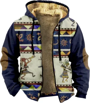 Fleece Jacket Men Vintage Aztec Ethnic Print Zipper Hoodie Plus Size Western Warm Heavyweight Sherpa Lined Coat