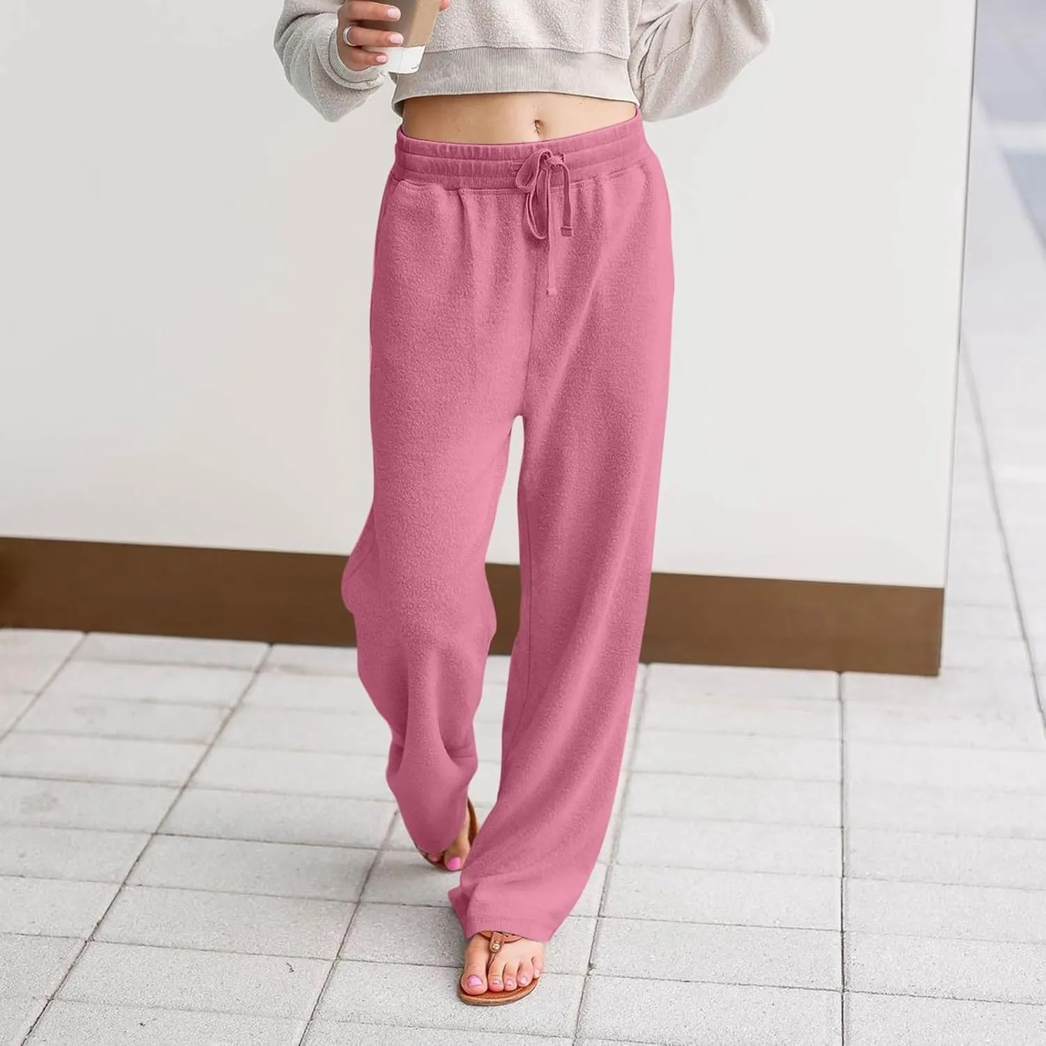 Fleece Lined Sweatpants Women Wide Leg Sweatpants Baggy Fleece Joggers Loose High Waisted Workout Lounge Pants