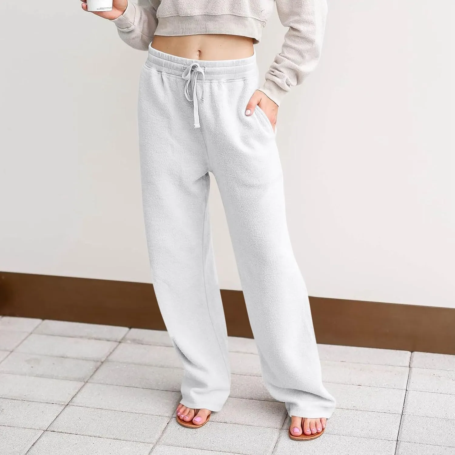 Fleece Lined Sweatpants Women Wide Leg Sweatpants Baggy Fleece Joggers Loose High Waisted Workout Lounge Pants