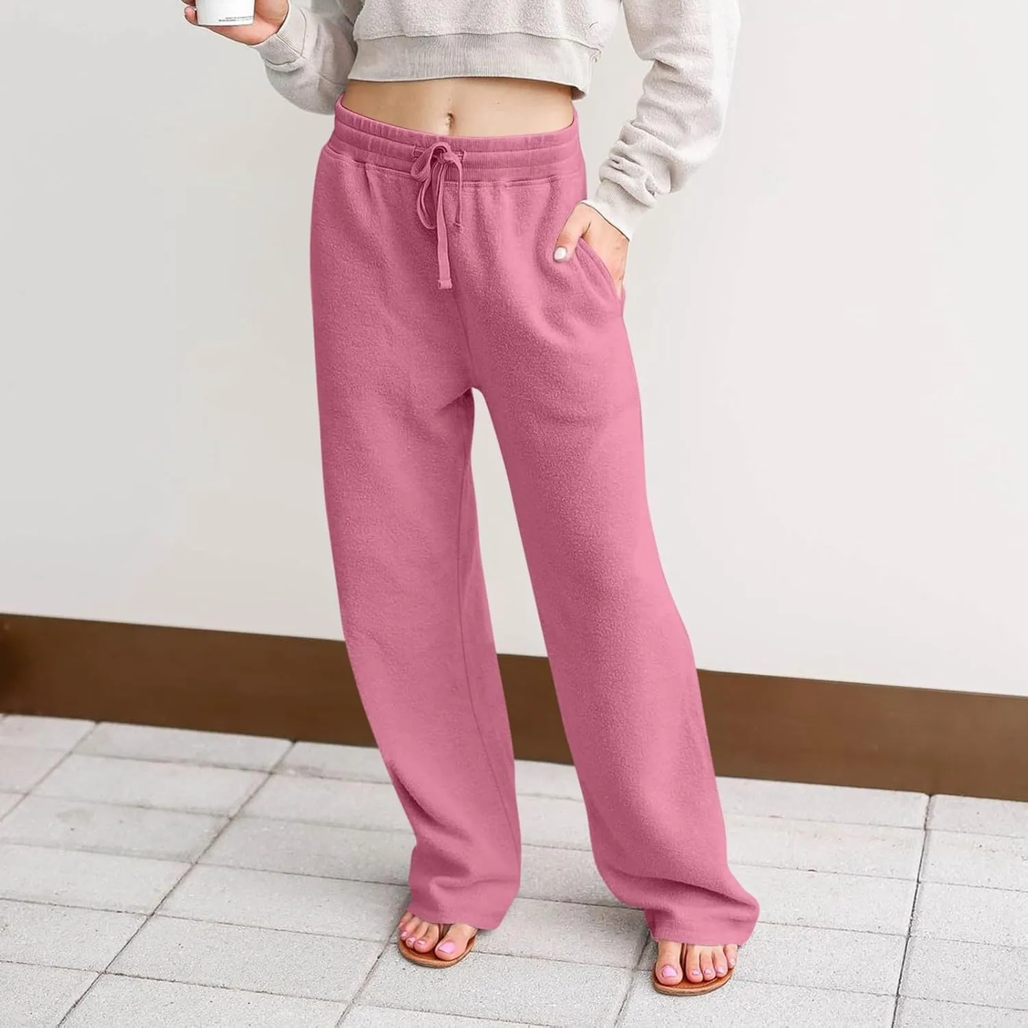 Fleece Lined Sweatpants Women Wide Leg Sweatpants Baggy Fleece Joggers Loose High Waisted Workout Lounge Pants