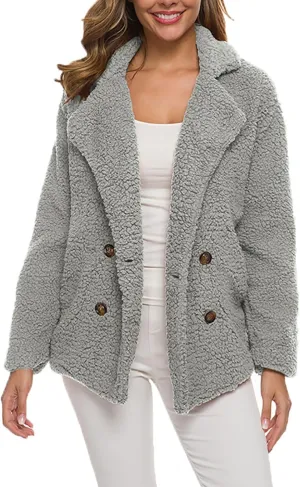 Fleece Womens Jacket Faux Cardigan Loose Turn Down Button Coat Fleece Jackets Long Sleeve Fleece Women Polar Fleece