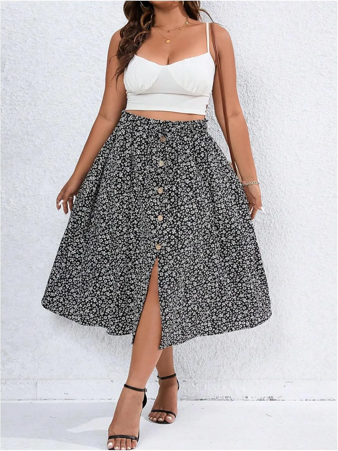 Floerns Women's Plus Size Ditsy Floral Split Thigh Button Front Midi Skirts