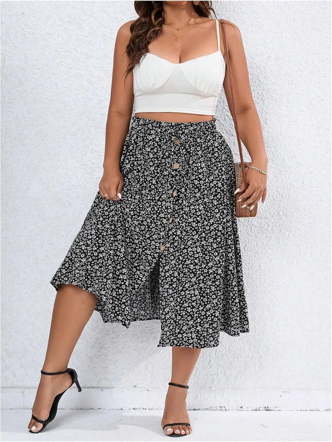 Floerns Women's Plus Size Ditsy Floral Split Thigh Button Front Midi Skirts
