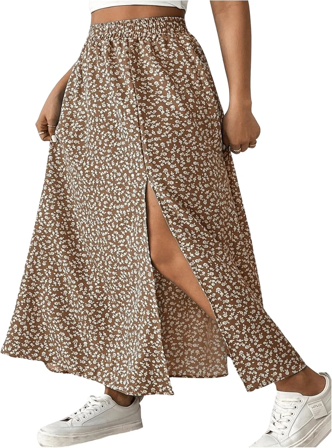 Floerns Women's Plus Size Ditsy Floral Split Thigh Button Front Midi Skirts