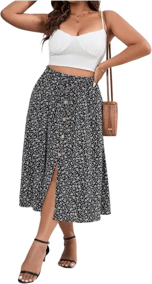 Floerns Women's Plus Size Ditsy Floral Split Thigh Button Front Midi Skirts