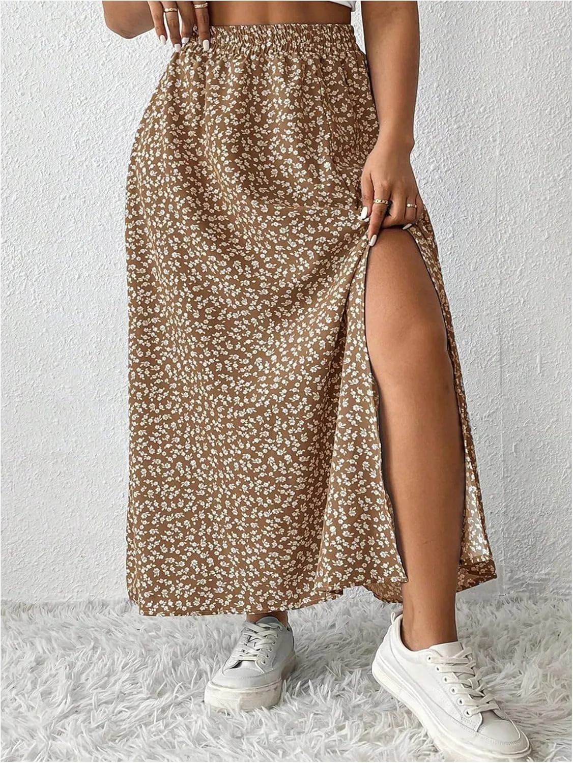 Floerns Women's Plus Size Ditsy Floral Split Thigh Button Front Midi Skirts