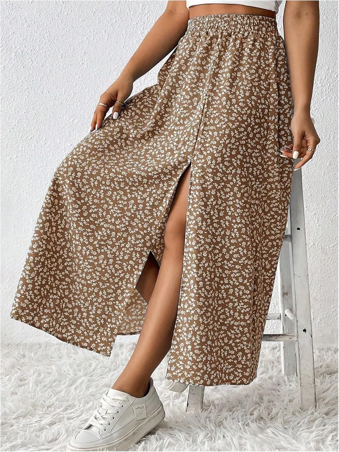 Floerns Women's Plus Size Ditsy Floral Split Thigh Button Front Midi Skirts