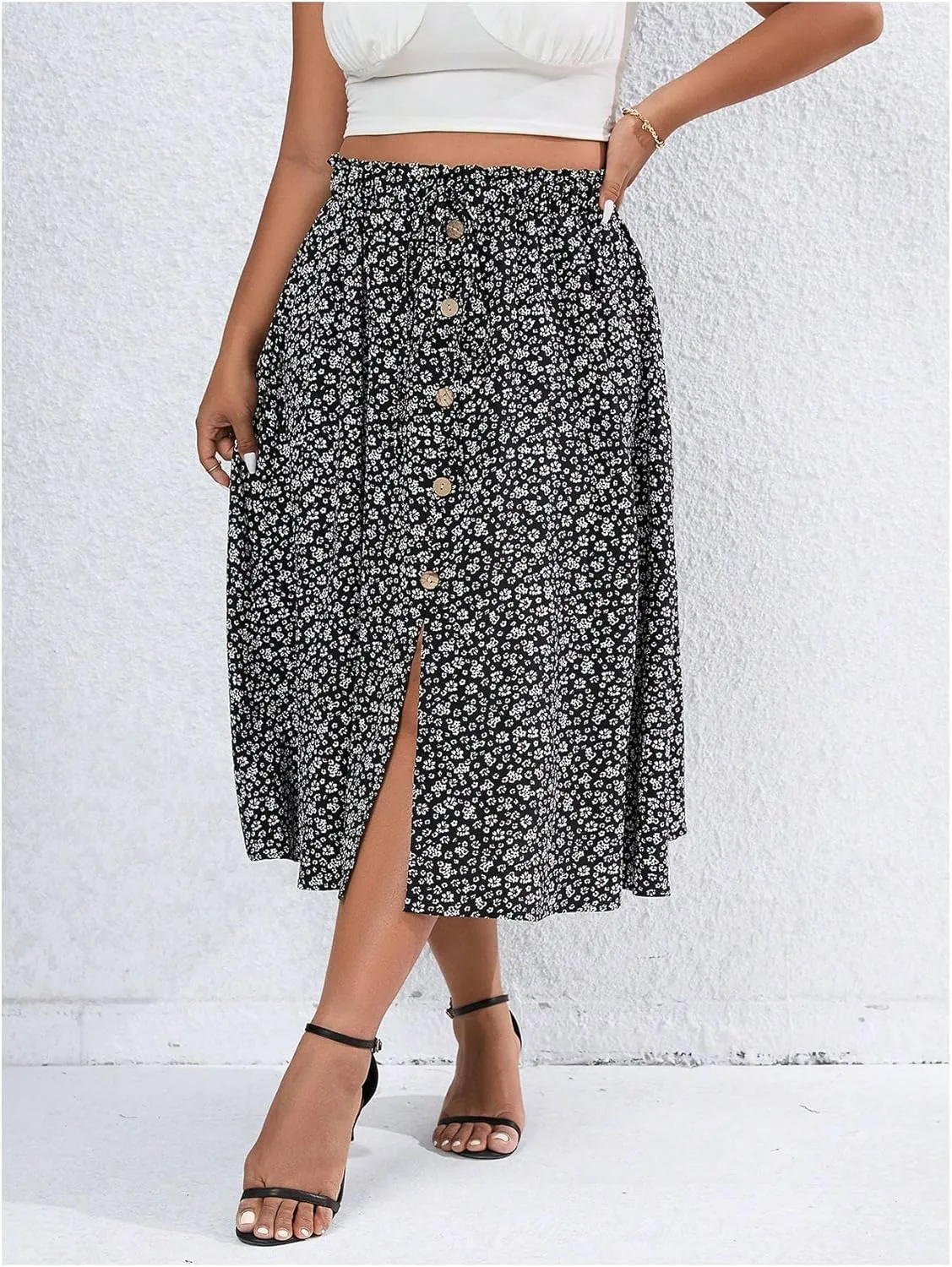 Floerns Women's Plus Size Ditsy Floral Split Thigh Button Front Midi Skirts