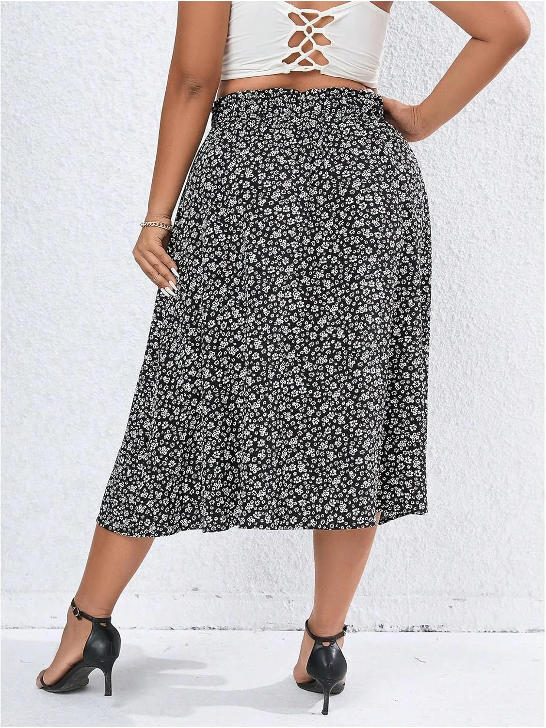 Floerns Women's Plus Size Ditsy Floral Split Thigh Button Front Midi Skirts