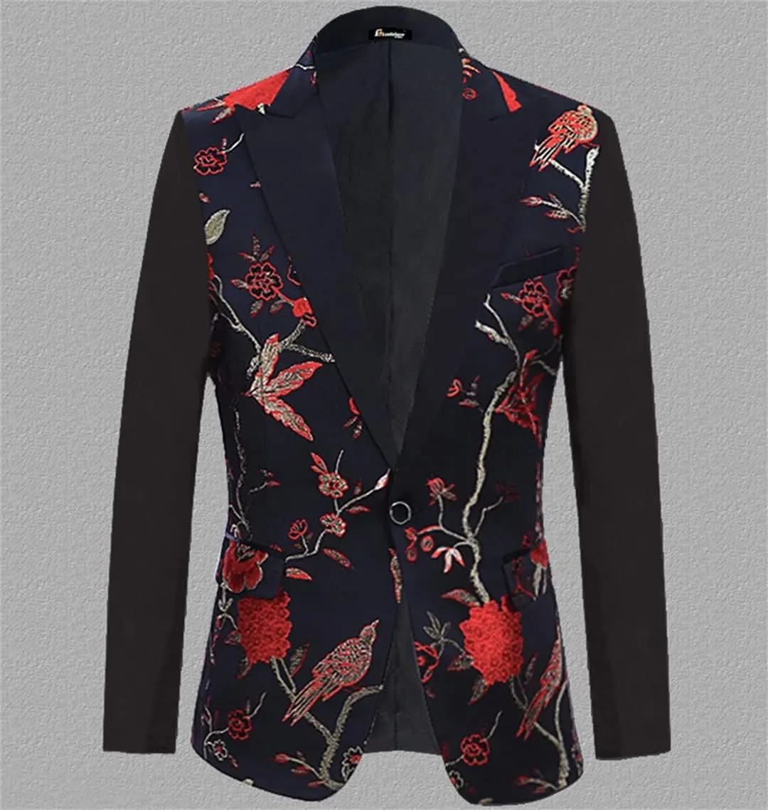 Floral Bird Embroidery Dress Blazers Men Slim Fit Tuxedo Suit Jacket Party Wedding Dinner