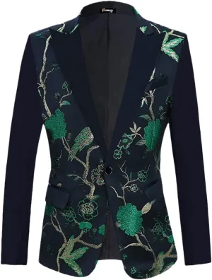 Floral Bird Embroidery Dress Blazers Men Slim Fit Tuxedo Suit Jacket Party Wedding Dinner