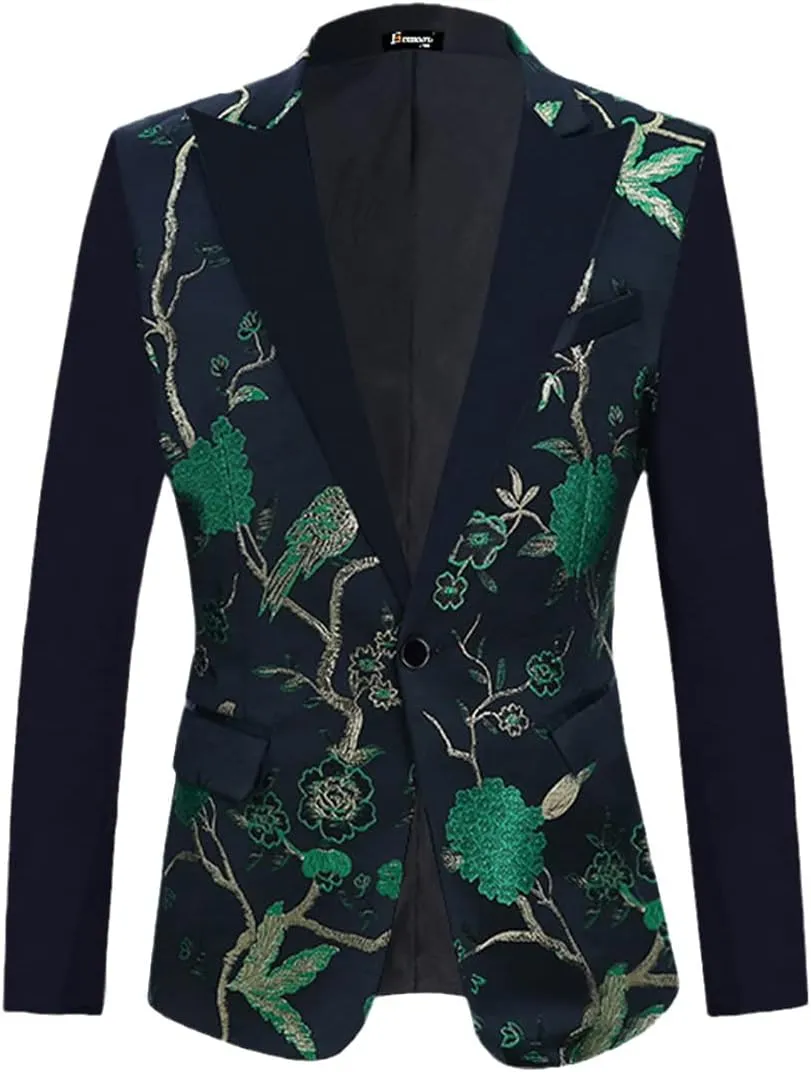 Floral Bird Embroidery Dress Blazers Men Slim Fit Tuxedo Suit Jacket Party Wedding Dinner