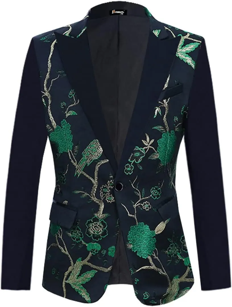Floral Bird Embroidery Dress Blazers Men Slim Fit Tuxedo Suit Jacket Party Wedding Dinner