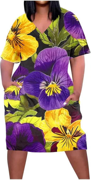 Floral Dress for Women Short Sleeve V Neck Casual Dress Plus Size Summer Dress Shift Spring Midi Dress Spring Dress