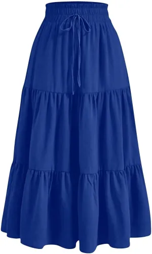 Floral Maxi Skirt for Women Flowy High Waisted Drawstring Ruffle Hem Skort Summer Trendy A-Line Vacation Beach Skirt