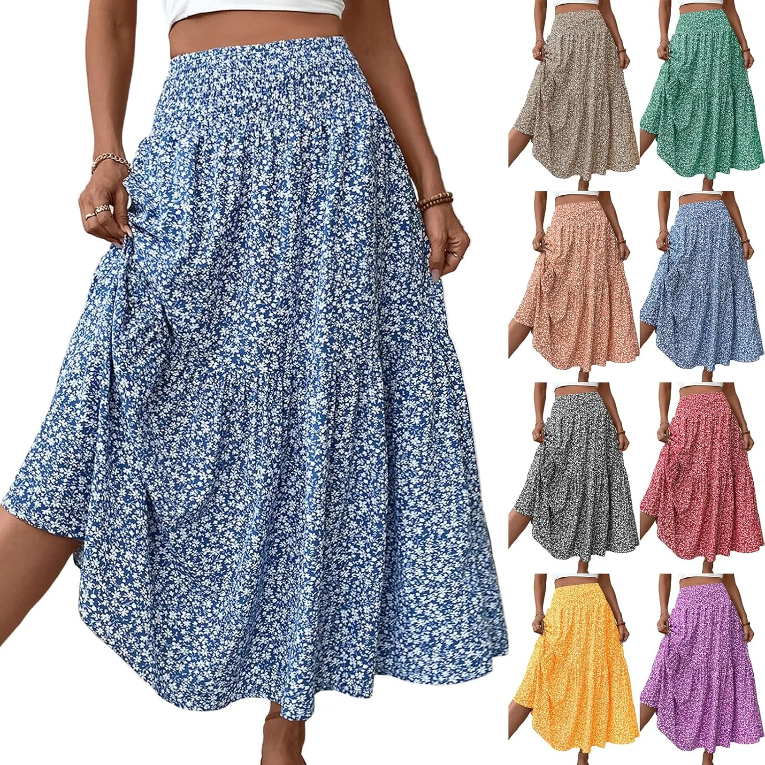 Floral Maxi Skirts for Women Casual Summer Elastic High Waisted Skirts Tiered Flowy A Line Long Skirt with Pockets