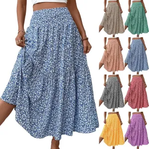 Floral Maxi Skirts for Women Casual Summer Elastic High Waisted Skirts Tiered Flowy A Line Long Skirt with Pockets