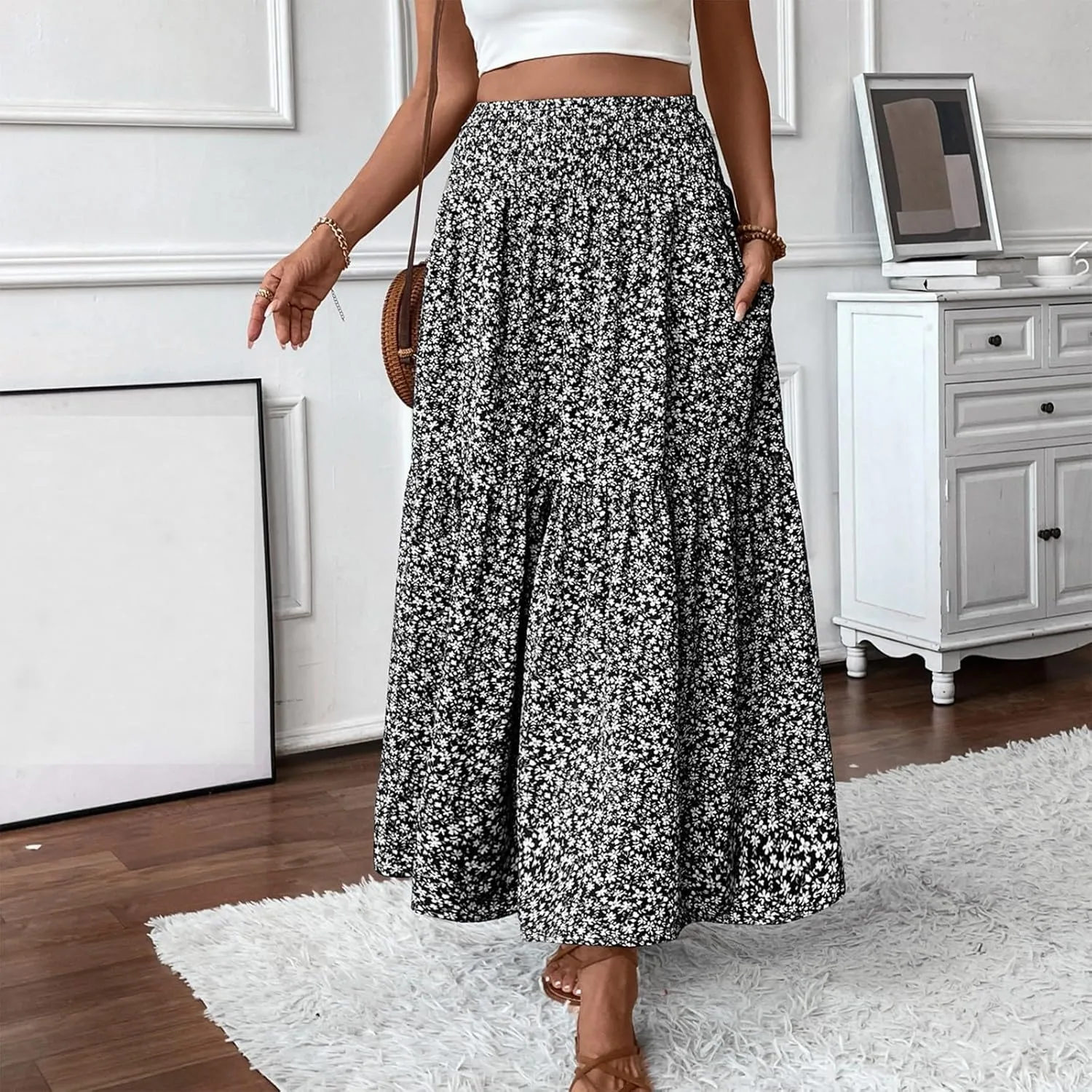 Floral Maxi Skirts for Women Casual Summer Elastic High Waisted Skirts Tiered Flowy A Line Long Skirt with Pockets