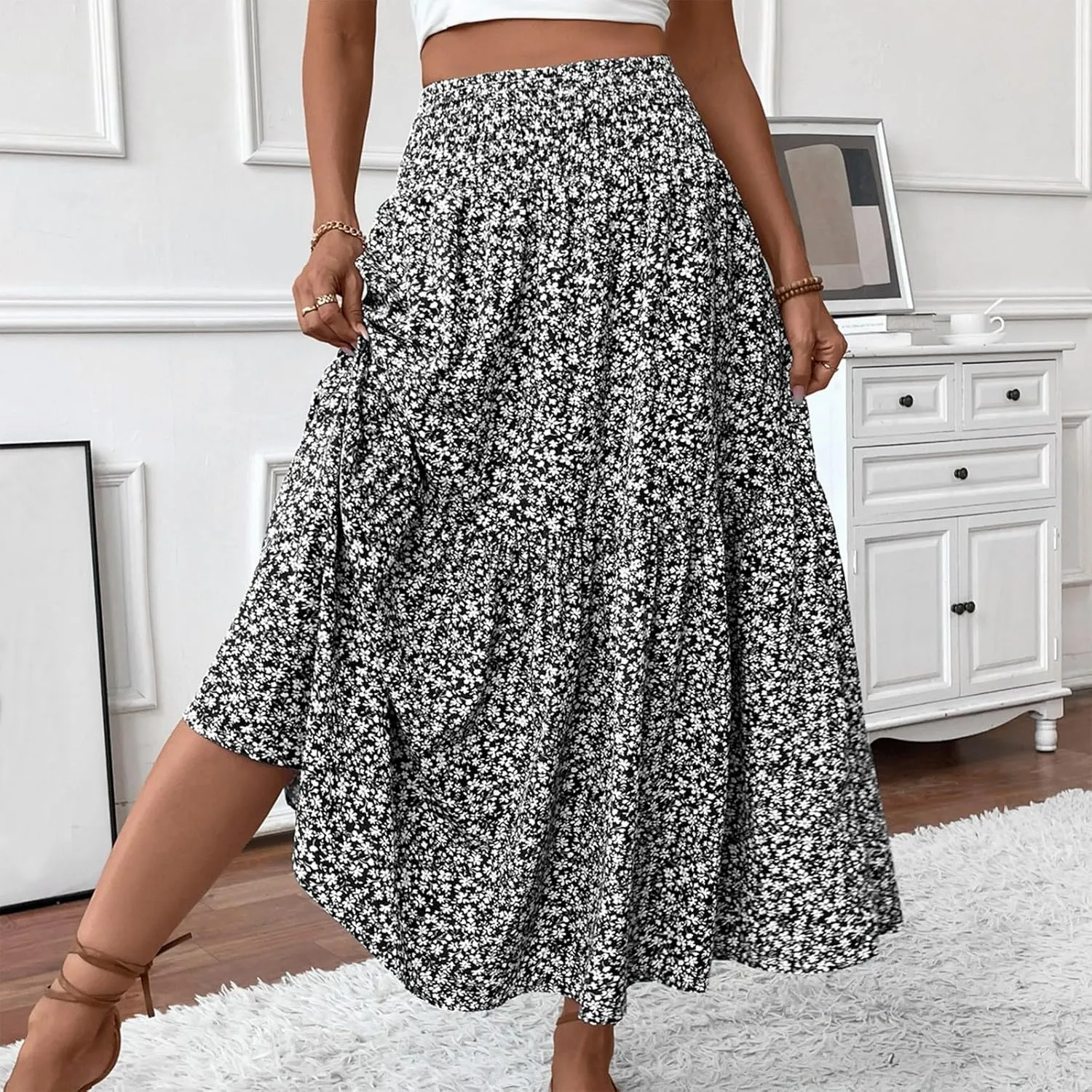 Floral Maxi Skirts for Women Casual Summer Elastic High Waisted Skirts Tiered Flowy A Line Long Skirt with Pockets