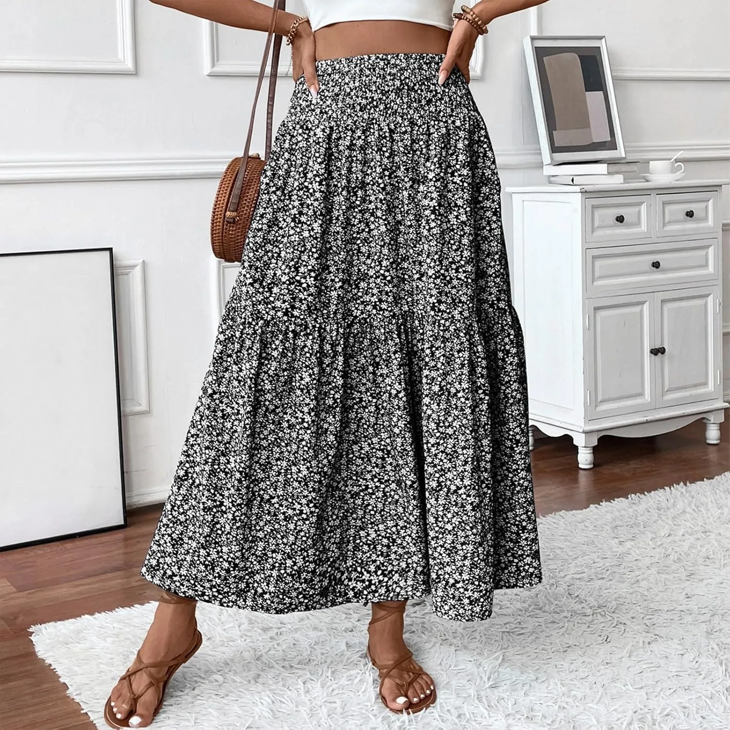 Floral Maxi Skirts for Women Casual Summer Elastic High Waisted Skirts Tiered Flowy A Line Long Skirt with Pockets