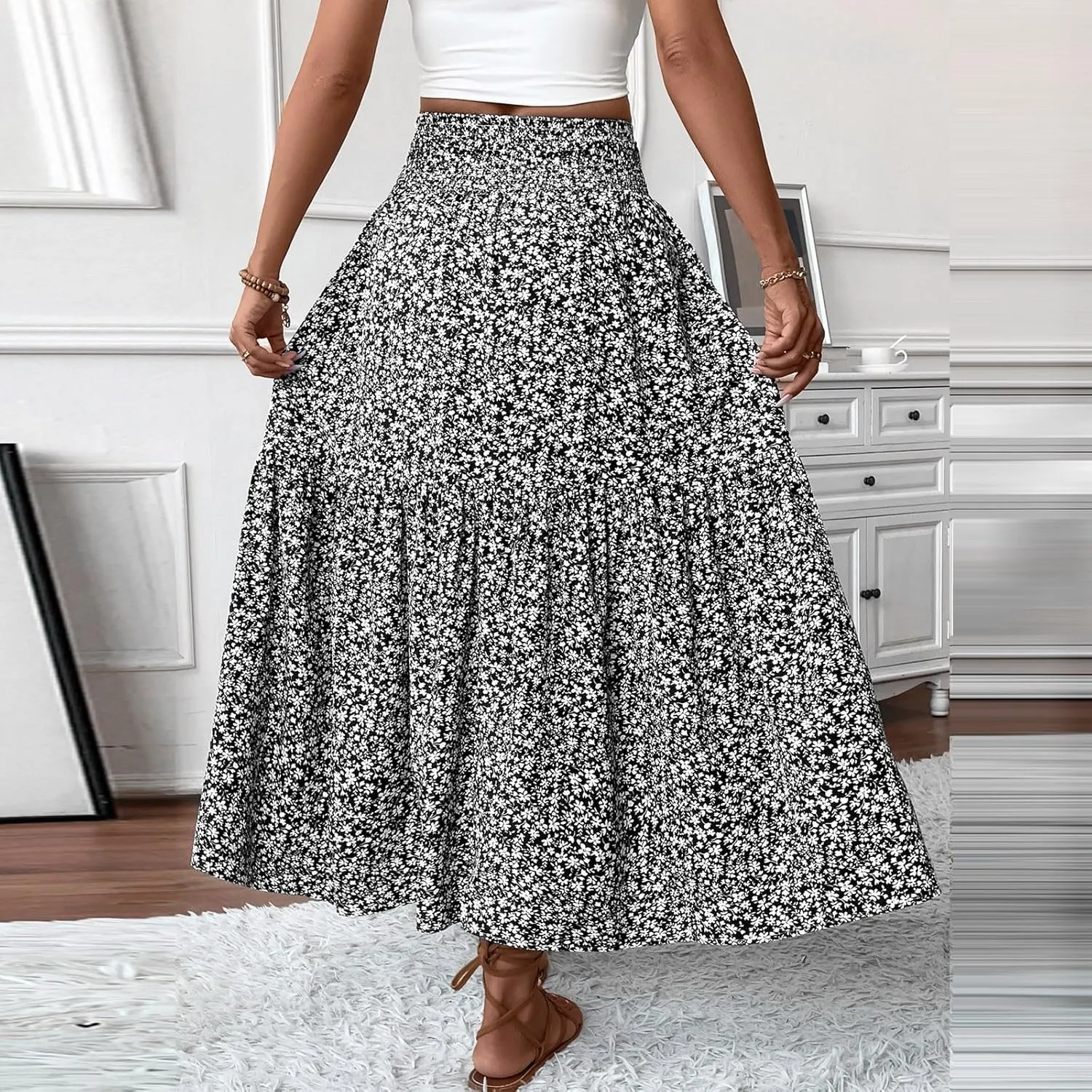 Floral Maxi Skirts for Women Casual Summer Elastic High Waisted Skirts Tiered Flowy A Line Long Skirt with Pockets