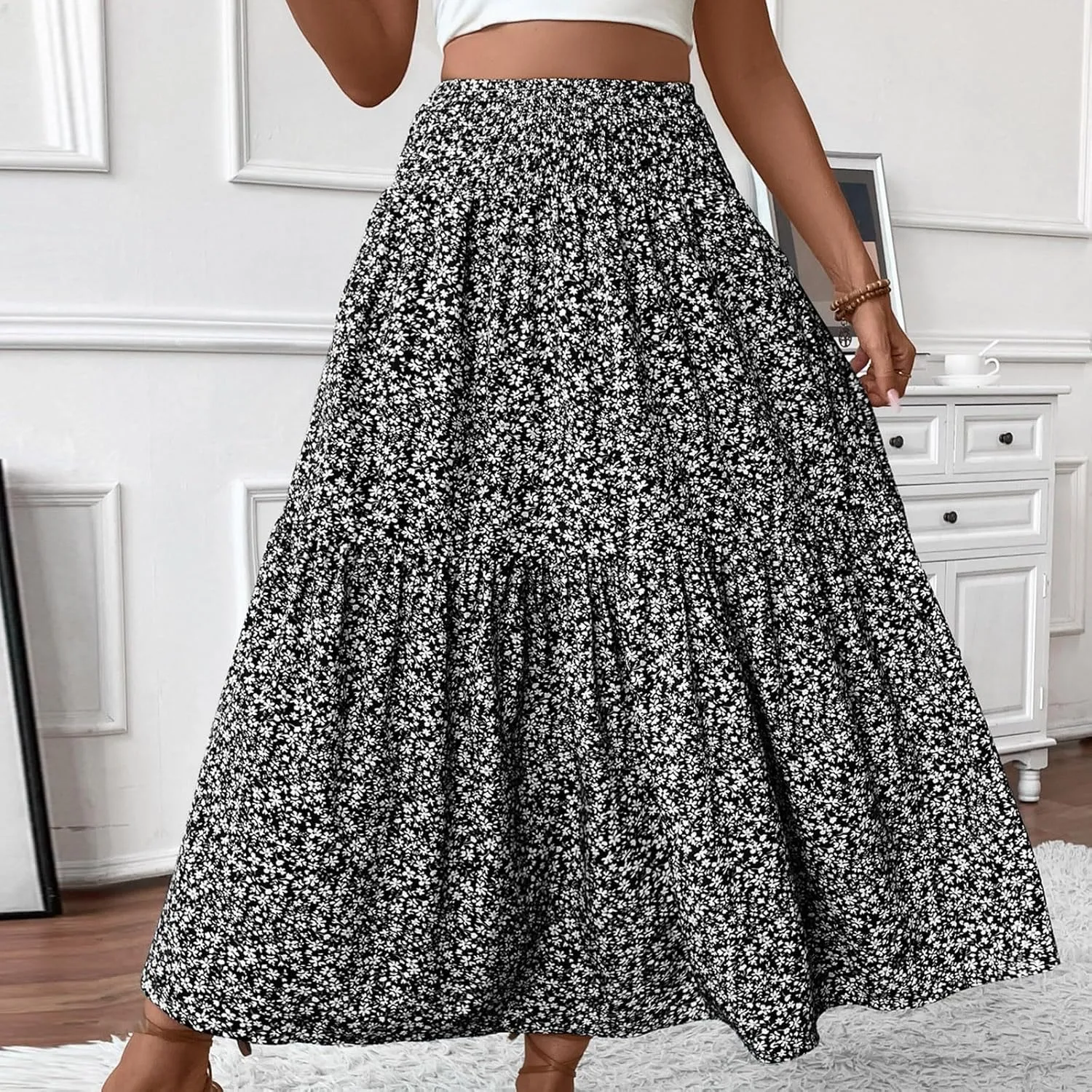 Floral Maxi Skirts for Women Casual Summer Elastic High Waisted Skirts Tiered Flowy A Line Long Skirt with Pockets