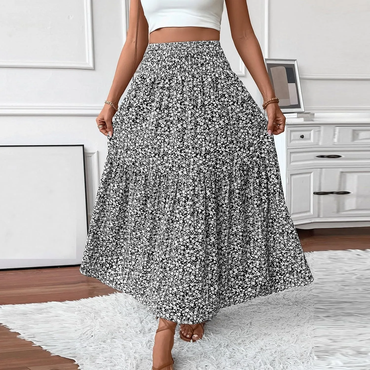 Floral Maxi Skirts for Women Casual Summer Elastic High Waisted Skirts Tiered Flowy A Line Long Skirt with Pockets