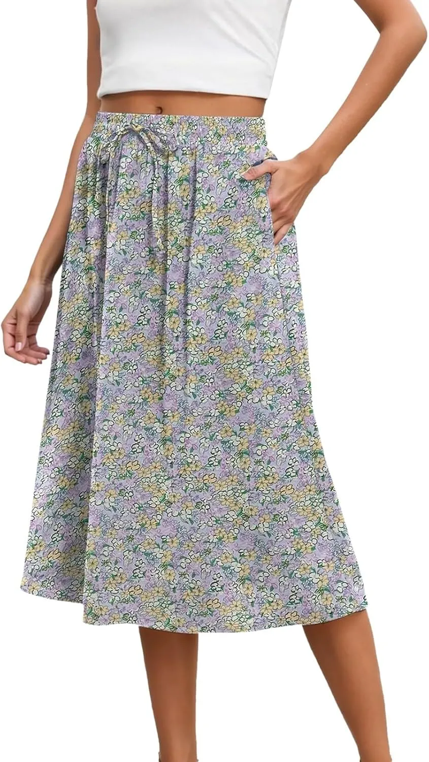 Floral Midi Skirts for Women 2025 Summer Boho Elastic Waisted Flowy Swing A Line Beach Vacation Skirt with Pockets