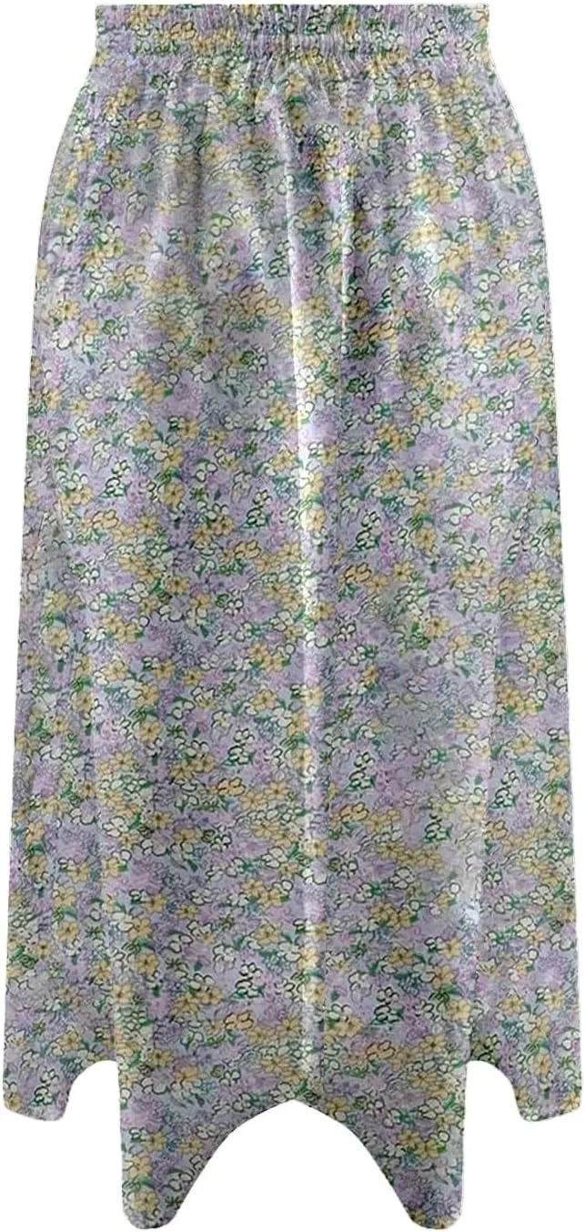 Floral Midi Skirts for Women 2025 Summer Boho Elastic Waisted Flowy Swing A Line Beach Vacation Skirt with Pockets