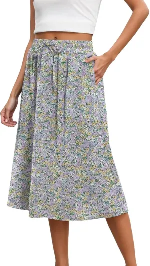 Floral Midi Skirts for Women 2025 Summer Boho Elastic Waisted Flowy Swing A Line Beach Vacation Skirt with Pockets