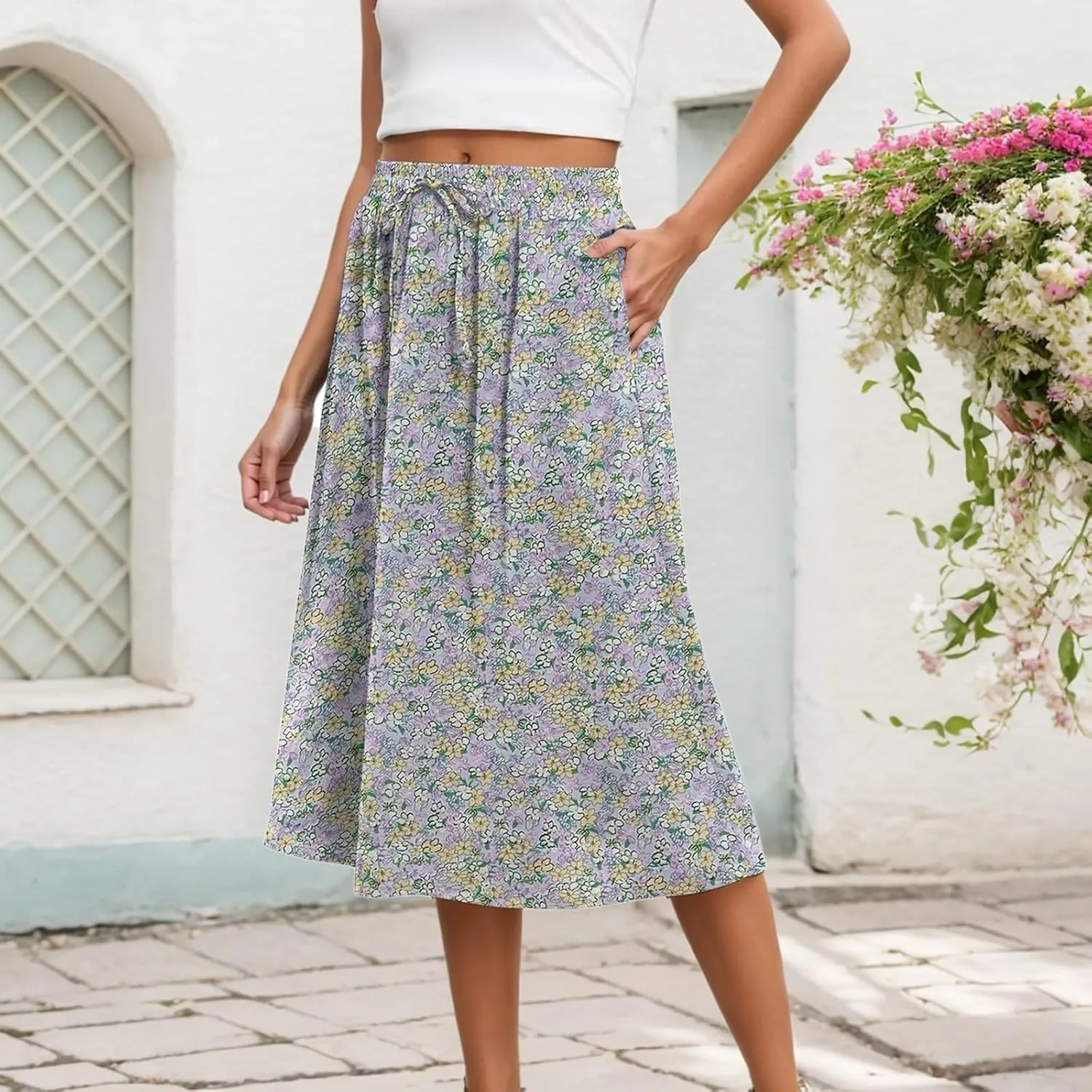 Floral Midi Skirts for Women 2025 Summer Boho Elastic Waisted Flowy Swing A Line Beach Vacation Skirt with Pockets