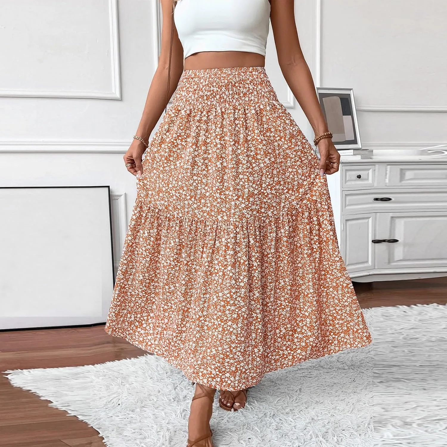 Floral Skirts for Women 2025 Boho Summer Maxi Skirts High Waisted Wrap Pleated Dresses Holiday Vacation Clothes