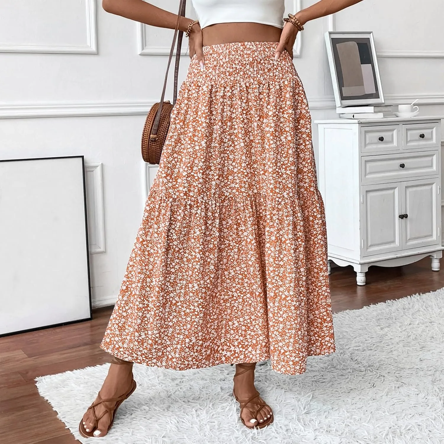 Floral Skirts for Women 2025 Boho Summer Maxi Skirts High Waisted Wrap Pleated Dresses Holiday Vacation Clothes