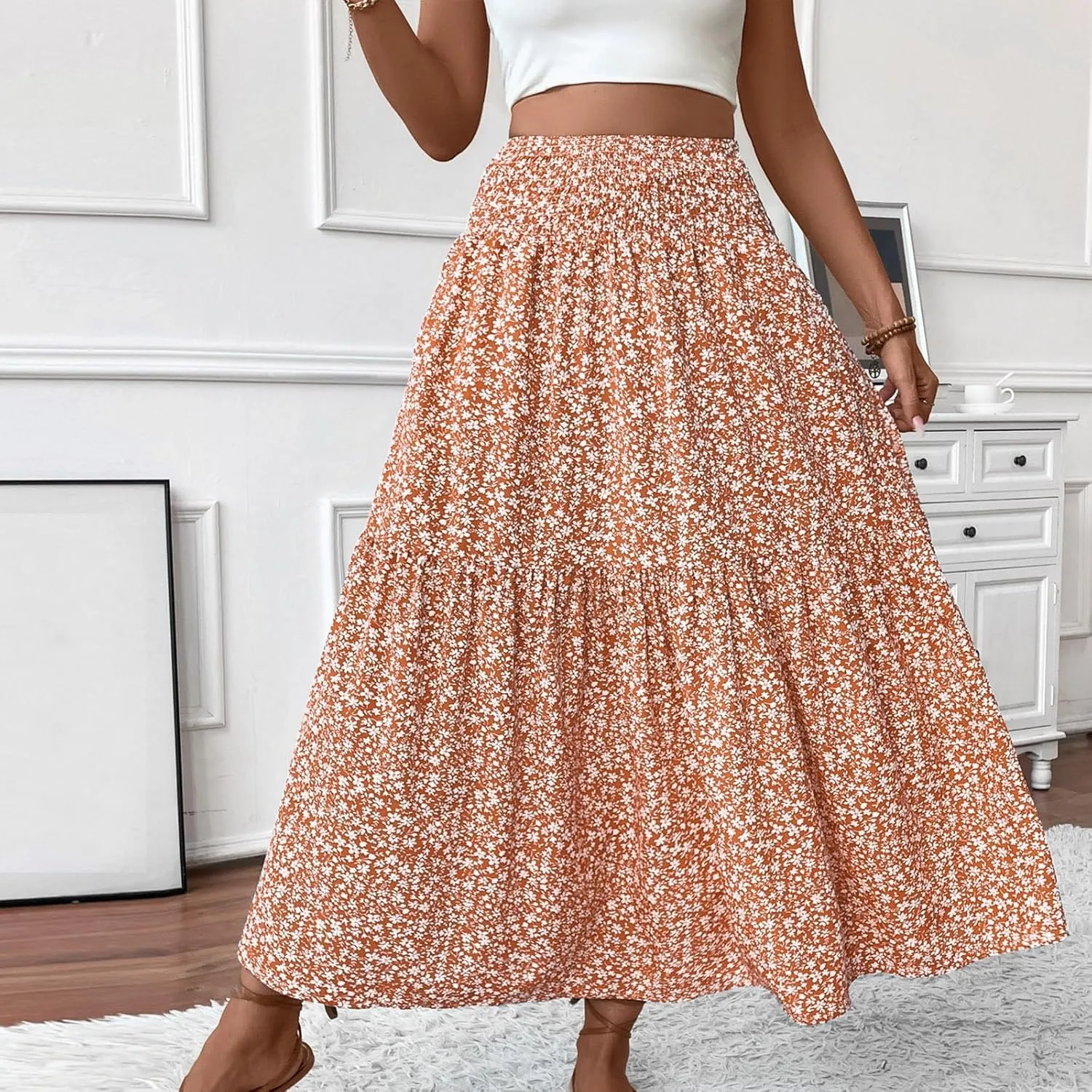 Floral Skirts for Women 2025 Boho Summer Maxi Skirts High Waisted Wrap Pleated Dresses Holiday Vacation Clothes