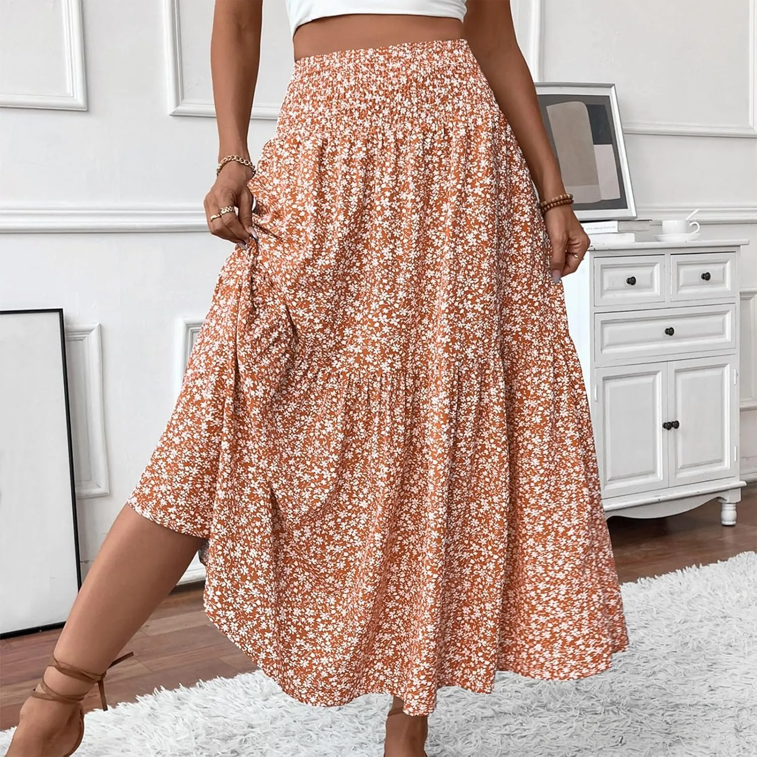 Floral Skirts for Women 2025 Boho Summer Maxi Skirts High Waisted Wrap Pleated Dresses Holiday Vacation Clothes