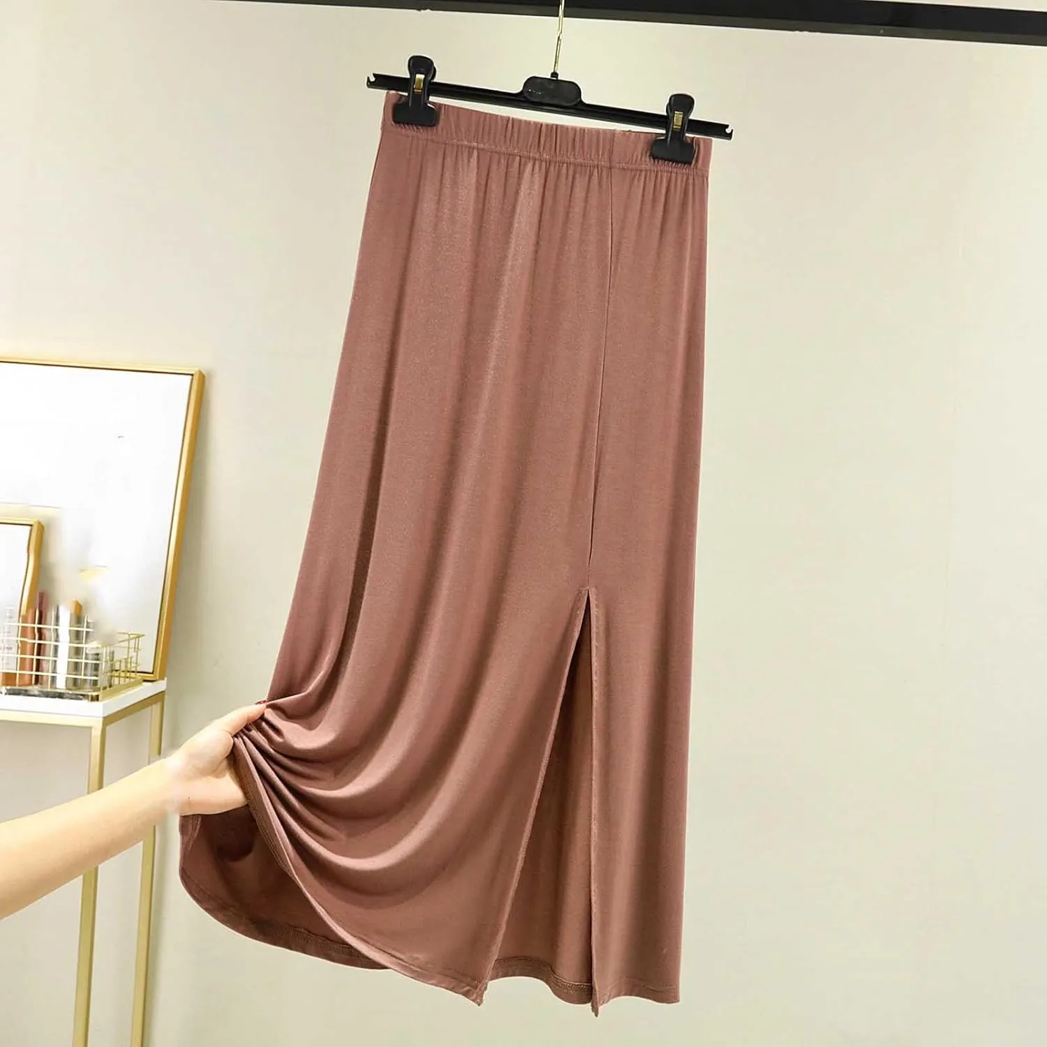 Flowy Maxi Long Skirt for Women Split Front High Waisted Midi Skirts Casual Elastic A Line Skirt Knee Length Skirts