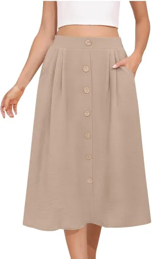 Flowy Midi Skirt for Women Summer Trendy Solid Color High Waist Casual Button Front Skirts with Pockets
