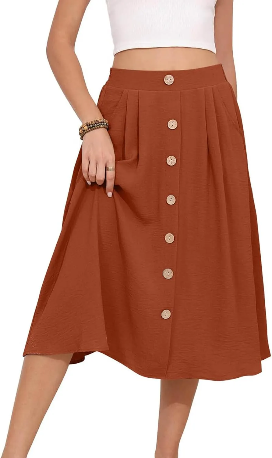 Flowy Midi Skirt for Women Summer Trendy Solid Color High Waist Casual Button Front Skirts with Pockets