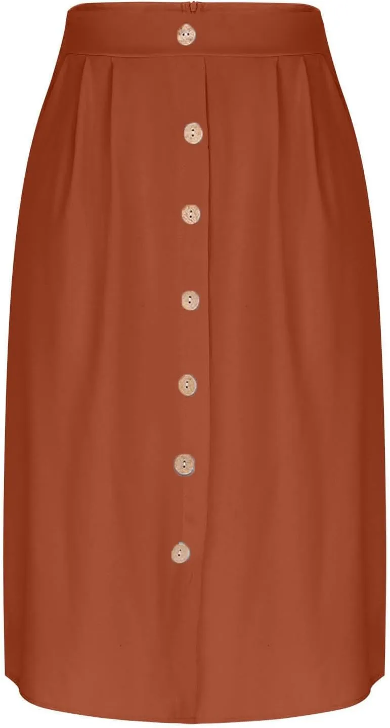 Flowy Midi Skirt for Women Summer Trendy Solid Color High Waist Casual Button Front Skirts with Pockets
