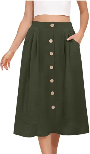 Flowy Midi Skirt for Women Summer Trendy Solid Color High Waist Casual Button Front Skirts with Pockets