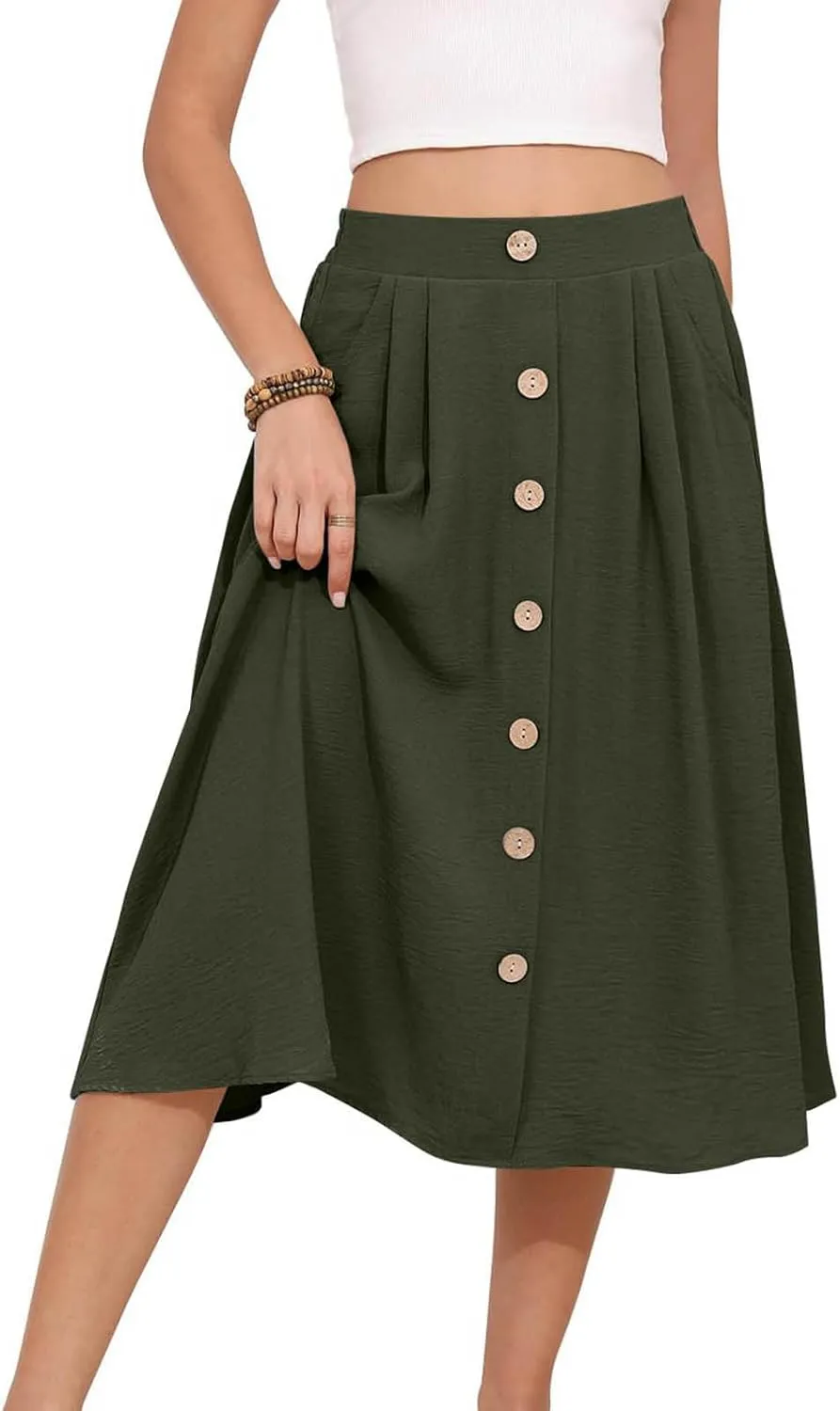 Flowy Midi Skirt for Women Summer Trendy Solid Color High Waist Casual Button Front Skirts with Pockets