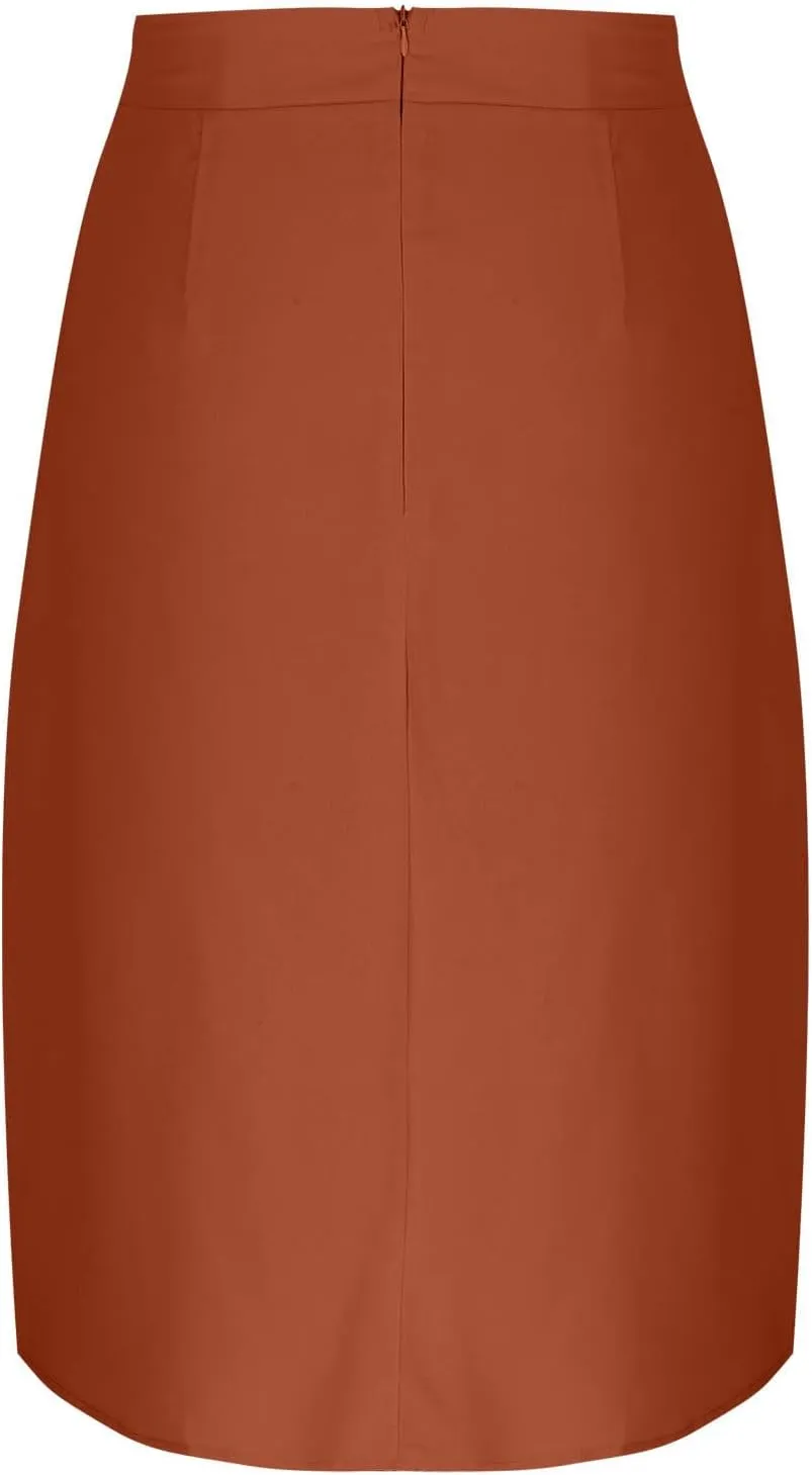 Flowy Midi Skirt for Women Summer Trendy Solid Color High Waist Casual Button Front Skirts with Pockets