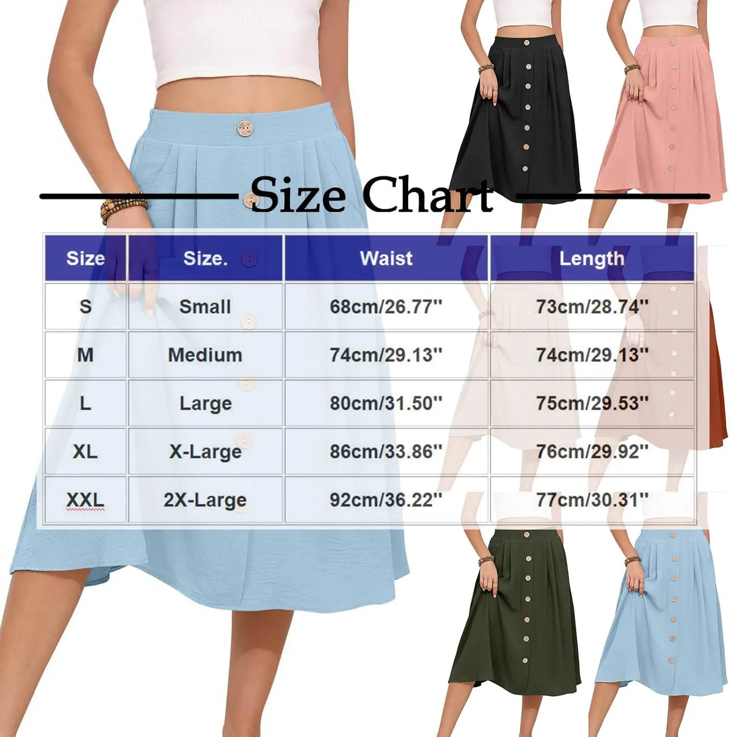 Flowy Midi Skirt for Women Summer Trendy Solid Color High Waist Casual Button Front Skirts with Pockets