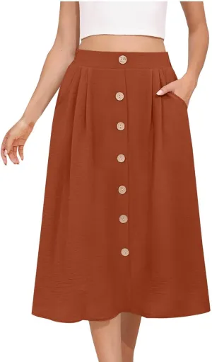 Flowy Midi Skirt for Women Summer Trendy Solid Color High Waist Casual Button Front Skirts with Pockets