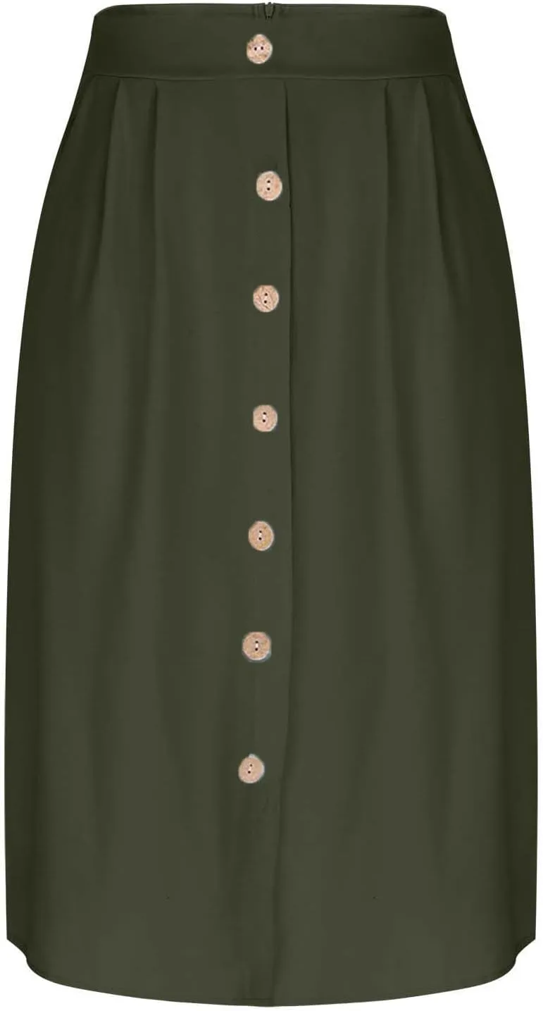 Flowy Midi Skirt for Women Summer Trendy Solid Color High Waist Casual Button Front Skirts with Pockets