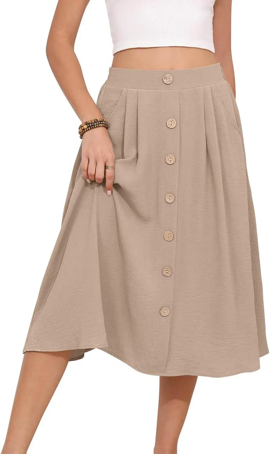 Flowy Midi Skirt for Women Summer Trendy Solid Color High Waist Casual Button Front Skirts with Pockets