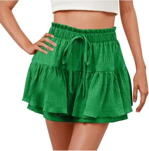 Flowy Shorts for Women Casual Boho Ruffle Tiered Skorts High Waisted Ruffle Tennis Skirts Drawstring Summer Skirt